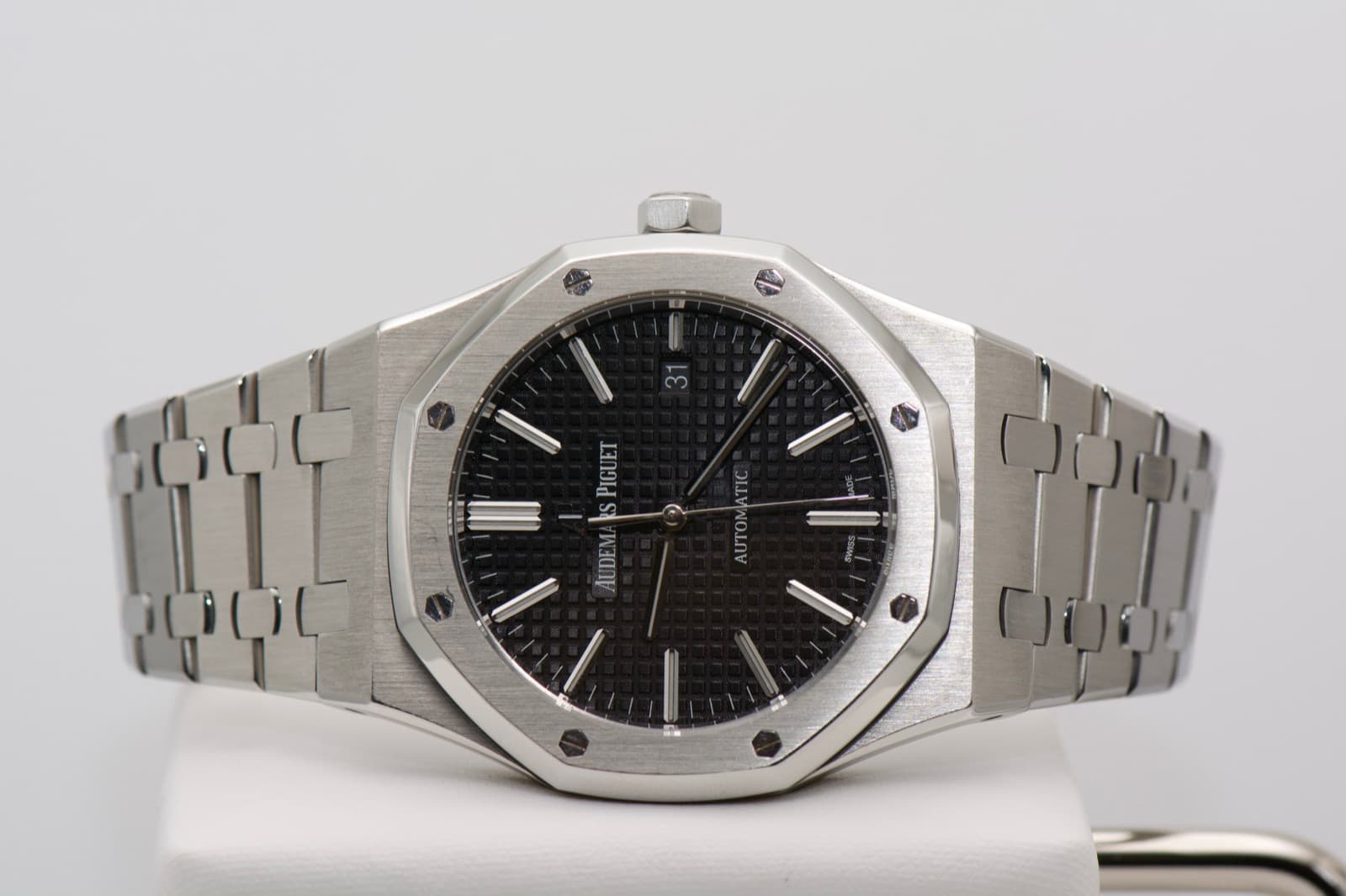Macro detail of an Audemars Piguet Royal Oak Tapisserie dial and bezel